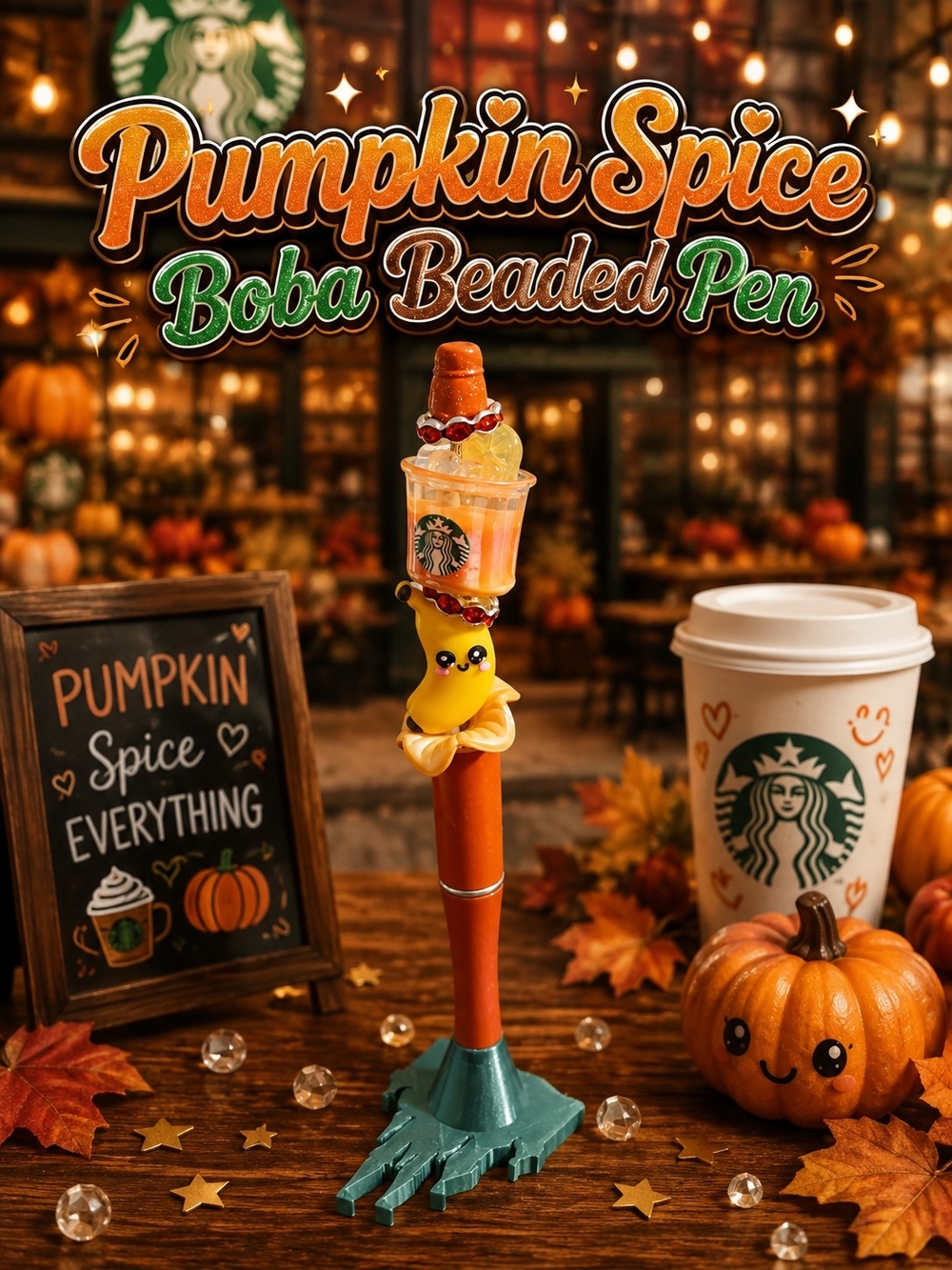Starbucks Pumpkin Spice Boba Beaded Pen - Orange & Teal